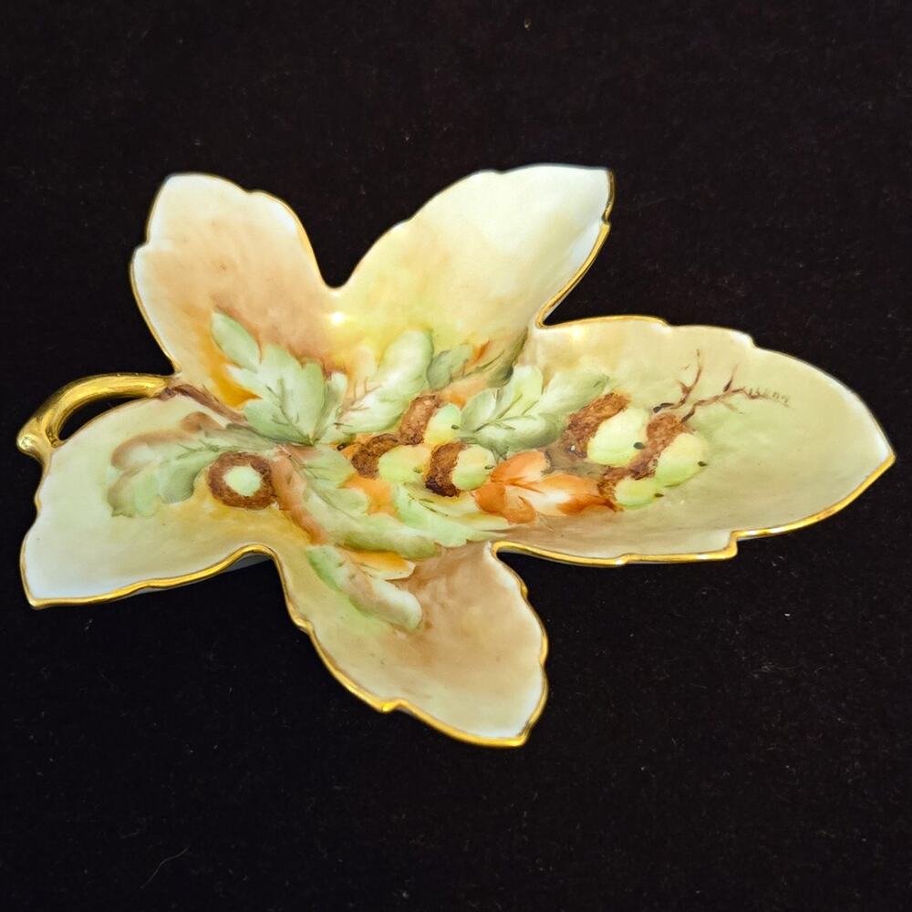Vintage Hand Painted Porcelain Maple Leaf Dish Acorns Oak Gold Gilt Nut Bowl